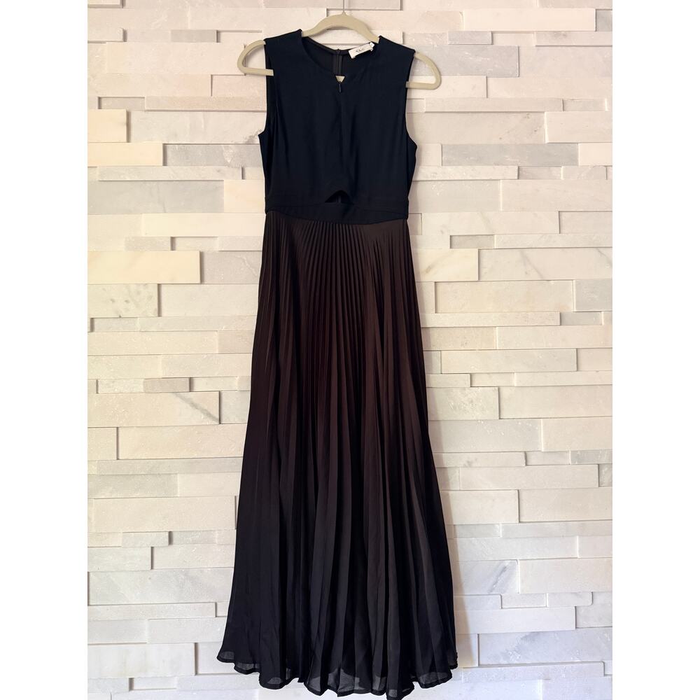 A.L.C. Zip Front Neckline w/Cutout Knife Pleated Silk Lined Maxi-Dress Black 4